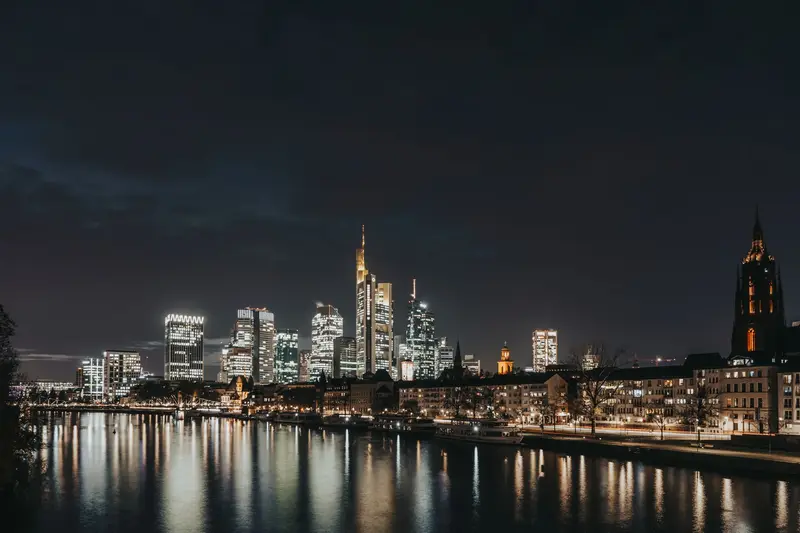 Frankfurt banking district skyline at night